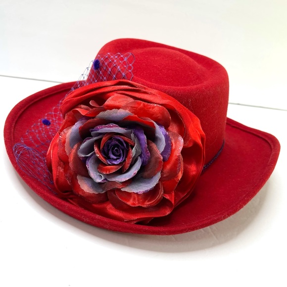 VINTAGE 100% Wool Hat Red With Purple Sequin Trim & Flower Detail - Picture 7 of 7